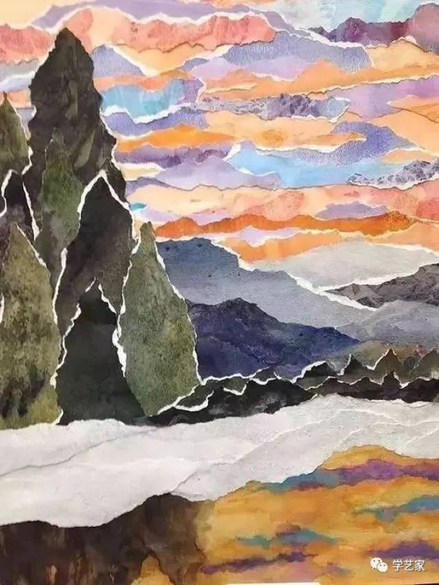 远山的风景---水彩与撕纸结合,乍一看像是水彩画,很有忖境呢!