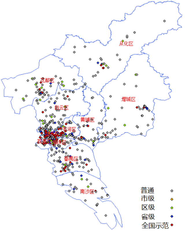 中心五区分布相对集中,以越秀区最为密集,其余六区分布相对均匀;从
