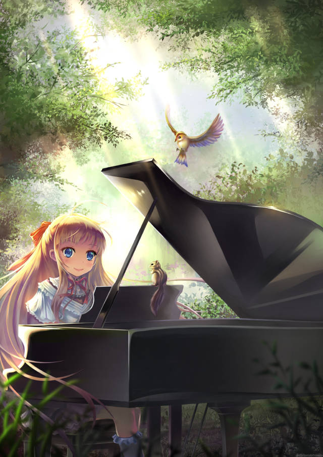 动漫美图丨你与优雅美少女只差一架钢琴 弹钢琴的少女