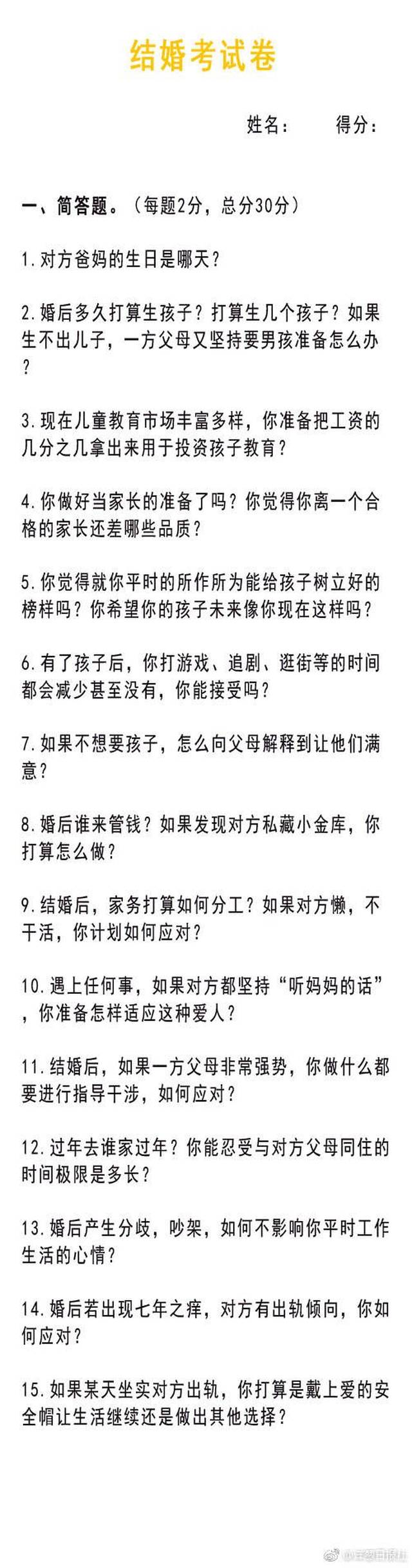 "离婚考卷"火了,"结婚试卷"了解下?情侣们做完还敢结婚吗?