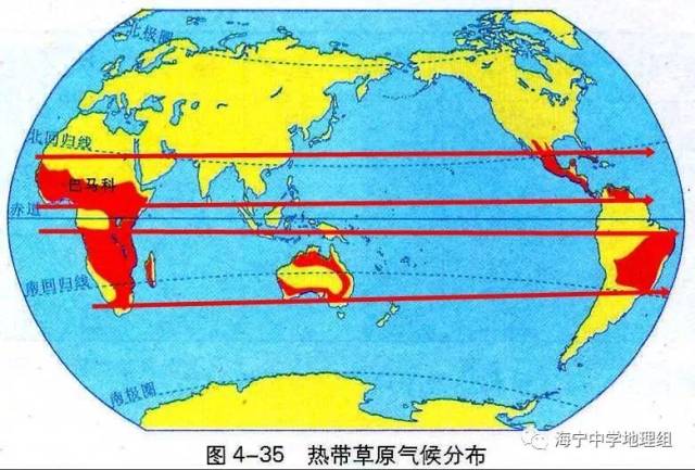 热带草原气候大致分布在南北半球5°~25°之间,如非洲,南美洲,大洋洲