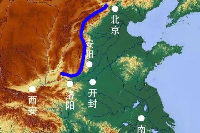 蓝色线条为太行山,东,南方向一串儿古都 翻开地图,稍稍看一眼