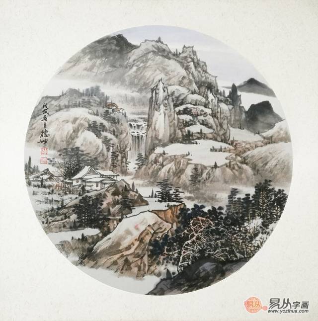 客厅装饰画小品 林德坤最新斗方山水画《山里人家》作品来源:易从网