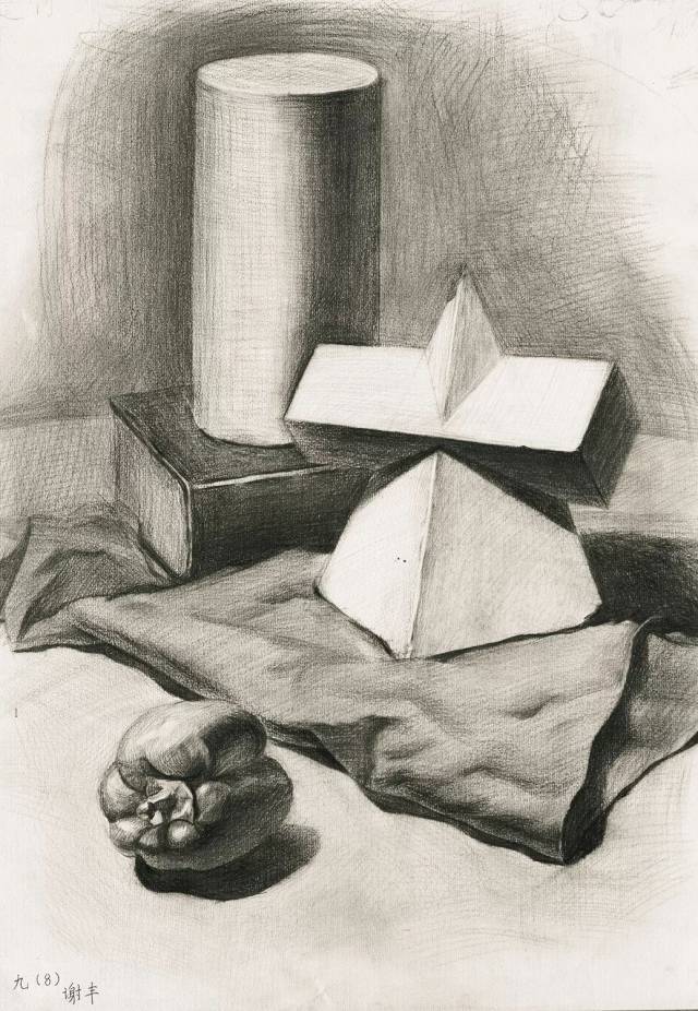 谢 丰 / 九(   )班 有青椒的静物 37cm×53cm 素描