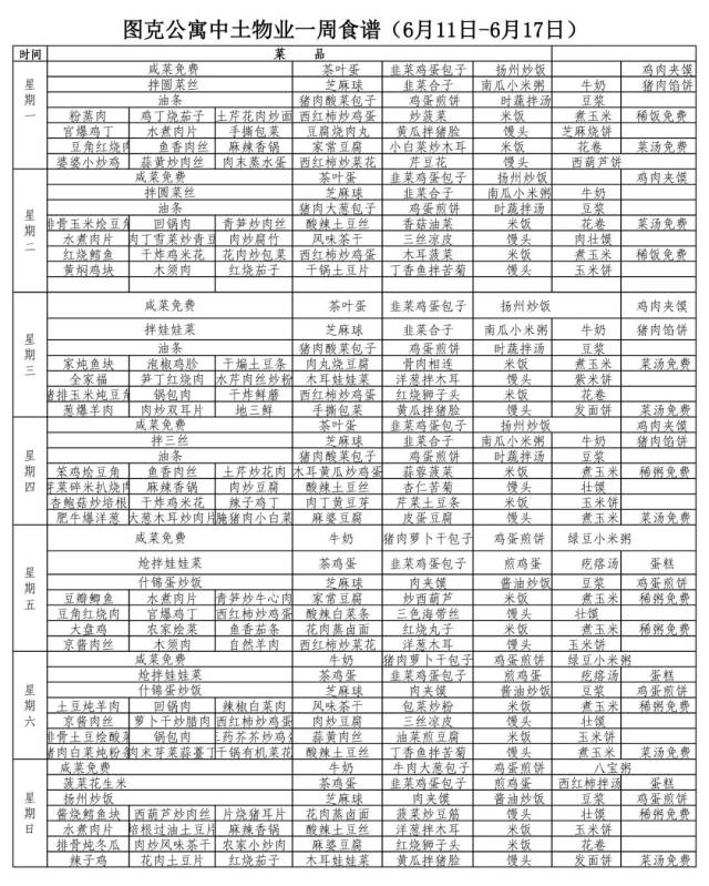 食堂一周食谱(6月11日至6月17日)