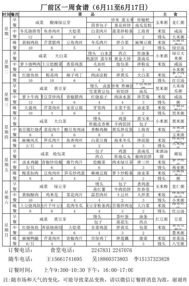 食堂一周食谱(6月11日至6月17日)