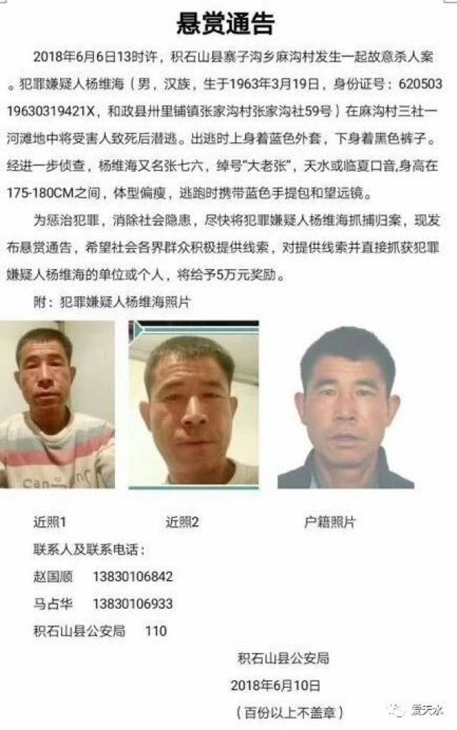 悬赏 甘肃发生一起故意杀人案,警方悬赏5万元抓捕嫌疑人!