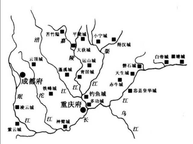 南宋四川抗蒙山城防御体系图 钓鱼城地处嘉陵江,渠江,涪江三江交汇处