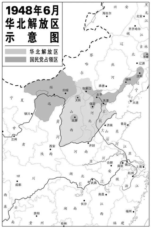 图:1948年华北解放区示意图 萧克临危受命,负责直接指挥石家庄战役.