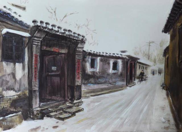 《雪中胡同骑车人》丙烯·亚麻布(70×50cm)