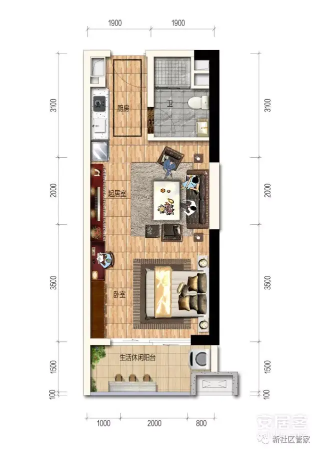 主推建面约46㎡的亲海公寓,房源位于二期,非毛坯交付,先来看下户型图