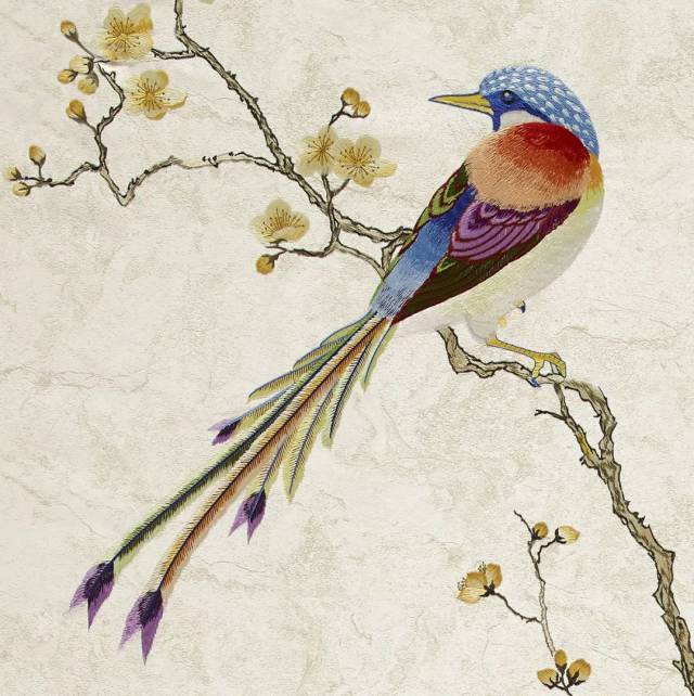 雍容华贵的红嘴蓝鹊栖于桃树间,长尾代表长寿,是一种寓意吉祥的鸟