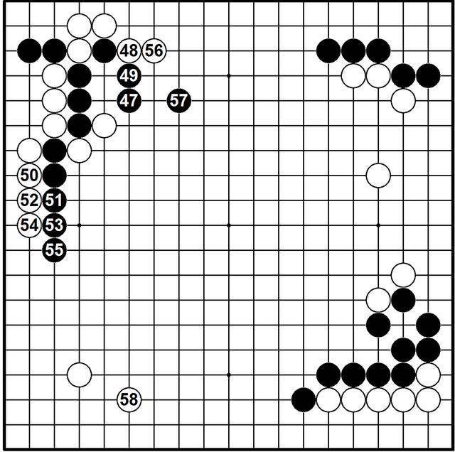 图一是阿尔法狗执白对芈昱廷九段弈出的大雪崩定式变型,白46之前从未