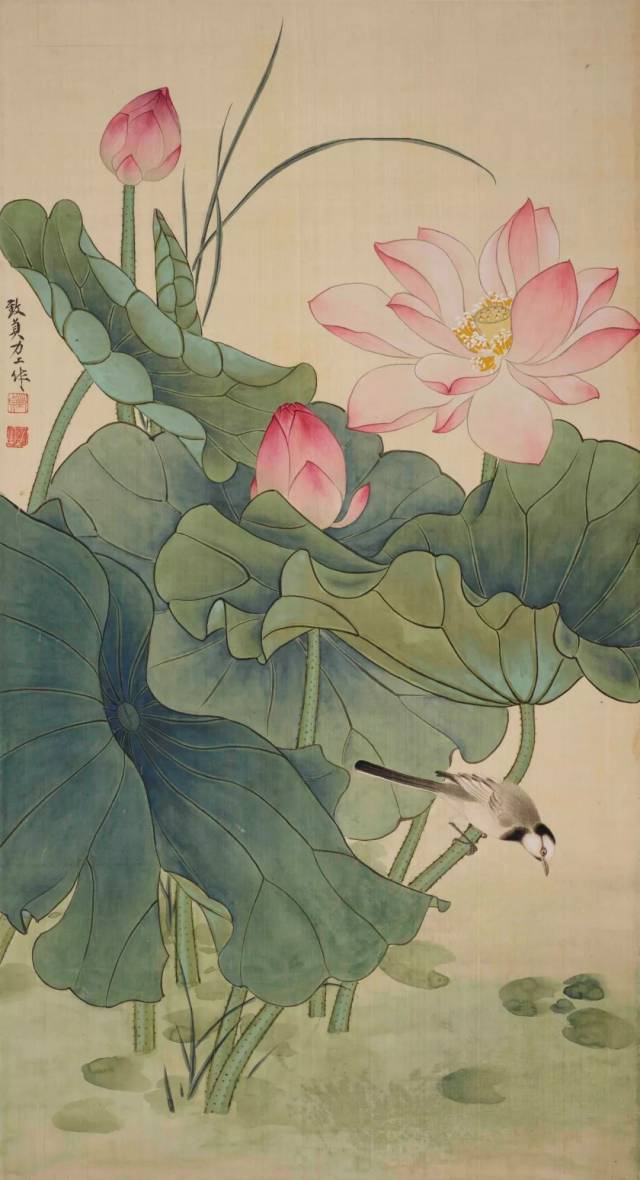 《荷花鹤鸽》 77x41cm