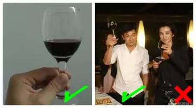 对:第一种正确的持杯姿势是用拇指,食指和中指夹住高脚杯杯柱.