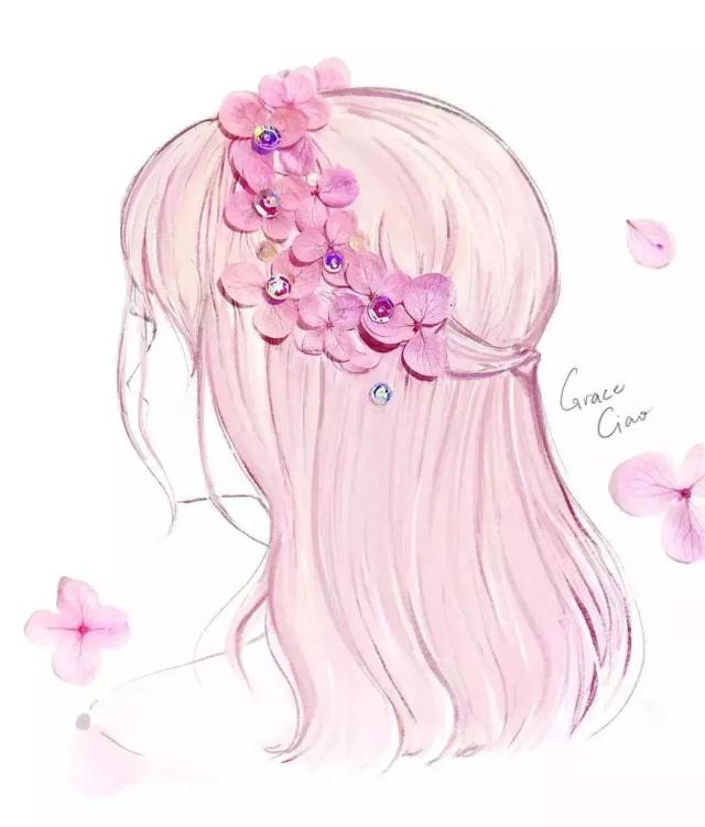 再用水彩晕染人物上半身 下半身裙子用花瓣装饰 grace ciao 笔下的