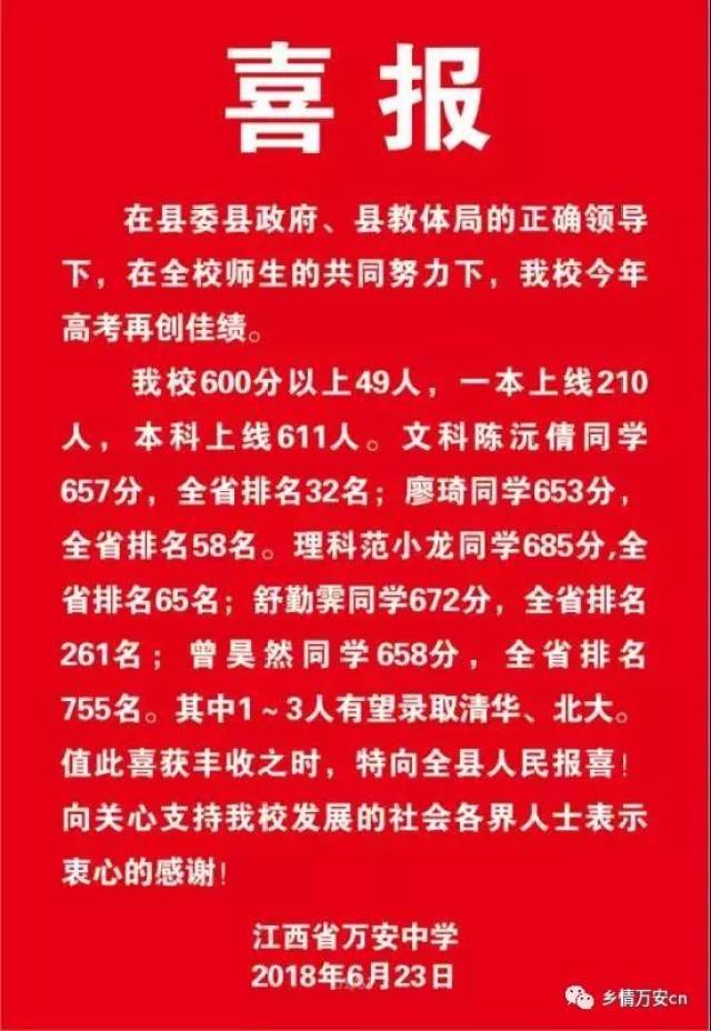 高考喜报:万安中学今年有望3人上清华北大,611人本科上线