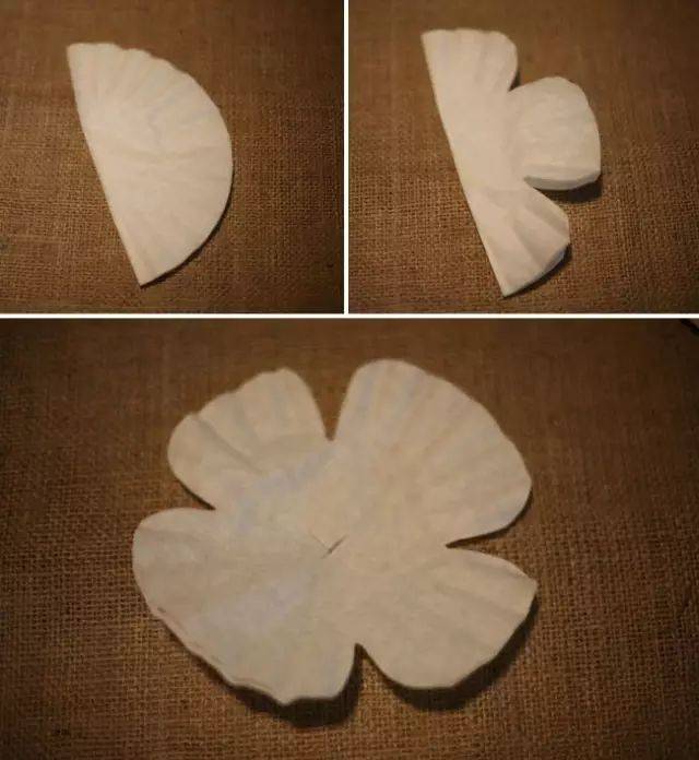 制作步骤:把咖啡滤纸对折,剪两个缺口,剪出花瓣的形状,正中间再剪一个