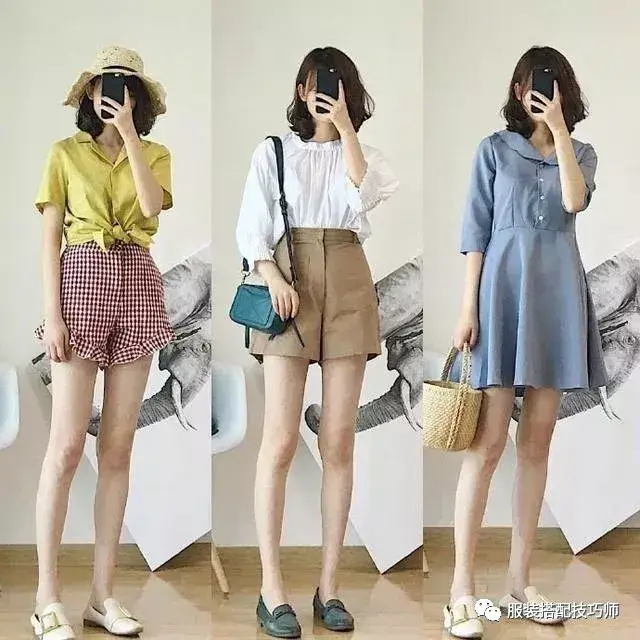 同样的上衣搭配不同的短裤给人的风格不同,娃娃领的连衣裙更加可爱.