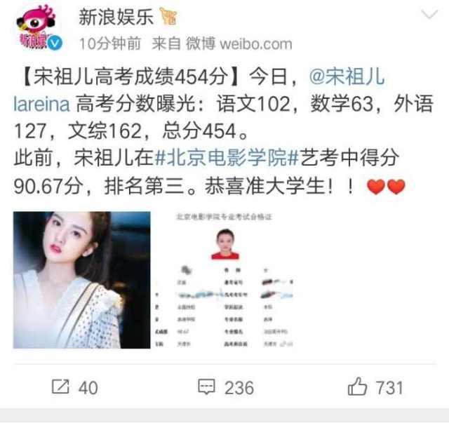 宋祖儿高考成绩出炉, 总分比吴磊还低, 网友: 智慧与美貌并存!