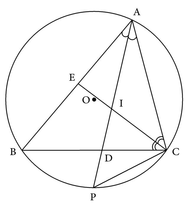 例3 如图4-5,已知:△abc内接于⊙o,角平分线ad,ce相交i,ad的延长线交