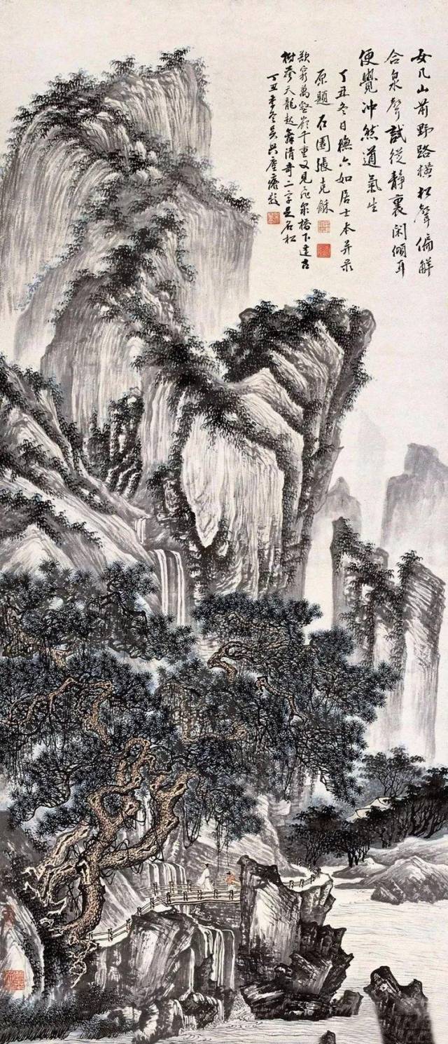 张石园, 擅山水画, 其作工整森秀, 笔力劲健 画作欣赏