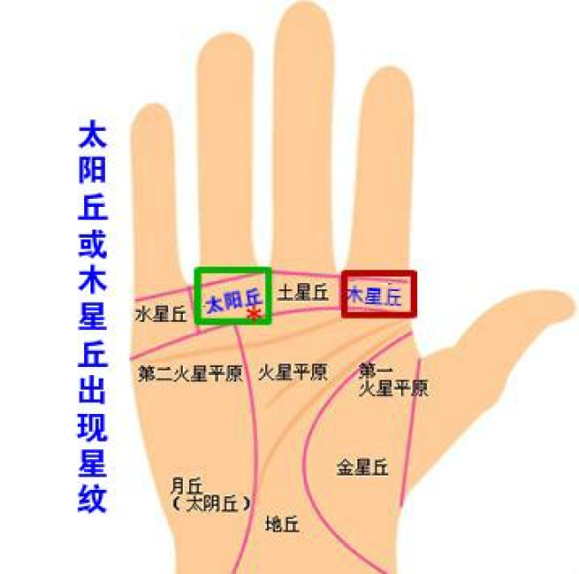 2:木星丘,太阳丘这两个部位,随便哪个出现星纹的话,都预示可能会有意