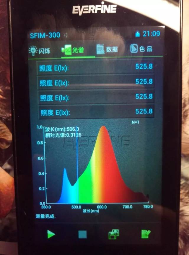 不过还是把测试仪显示的蓝光光谱展示出来,供大家参考:左边蓝色的光柱