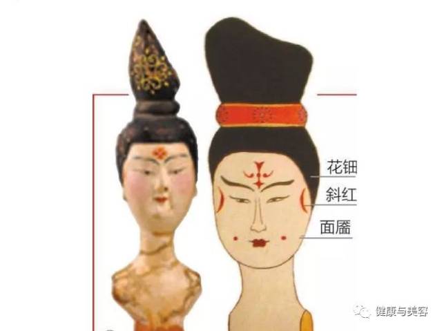 唐代眉心有花钿,嘴角常画如酒窝的面靥,眼尾处画斜红.