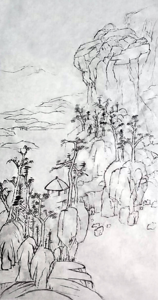 一幅秋林亭子图,构图成