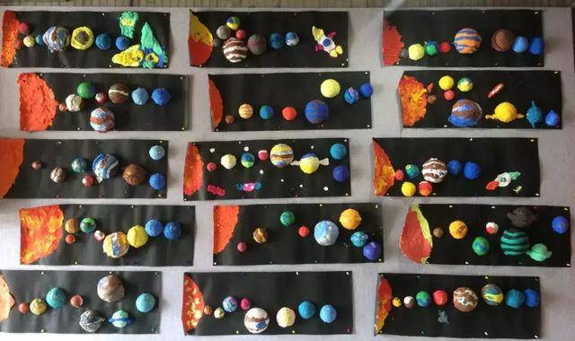 孩子们在用粘土,保丽龙球创作自己的太阳系