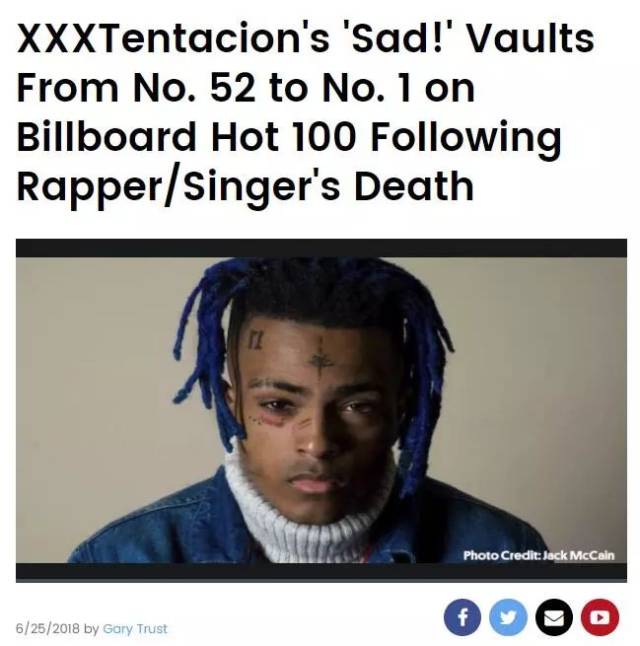 xxxtentacion单曲 sad!>登顶b榜冠军,这也是他的第一支冠军单曲