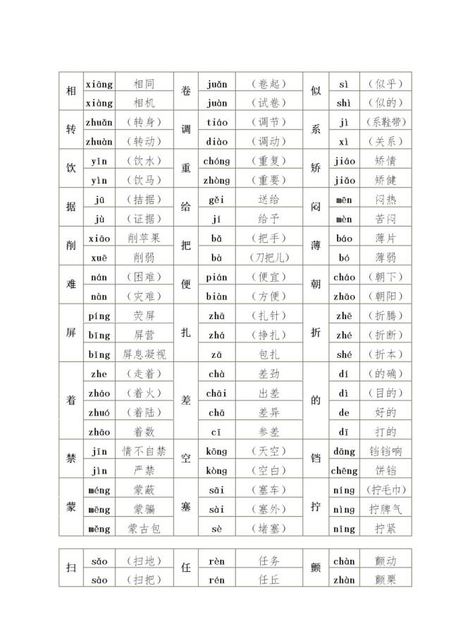 知识巩固:四年级语文上下册多音字组词练习及答案