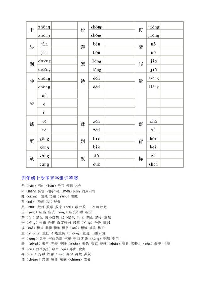 知识巩固:四年级语文上下册多音字组词练习及答案