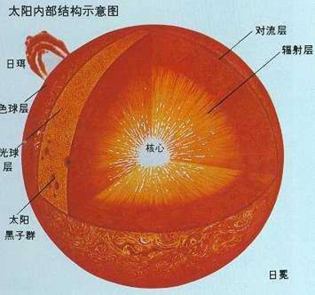 根据已有的恒星形成和结构理论认为,太阳的结构从里向外主要分为:热