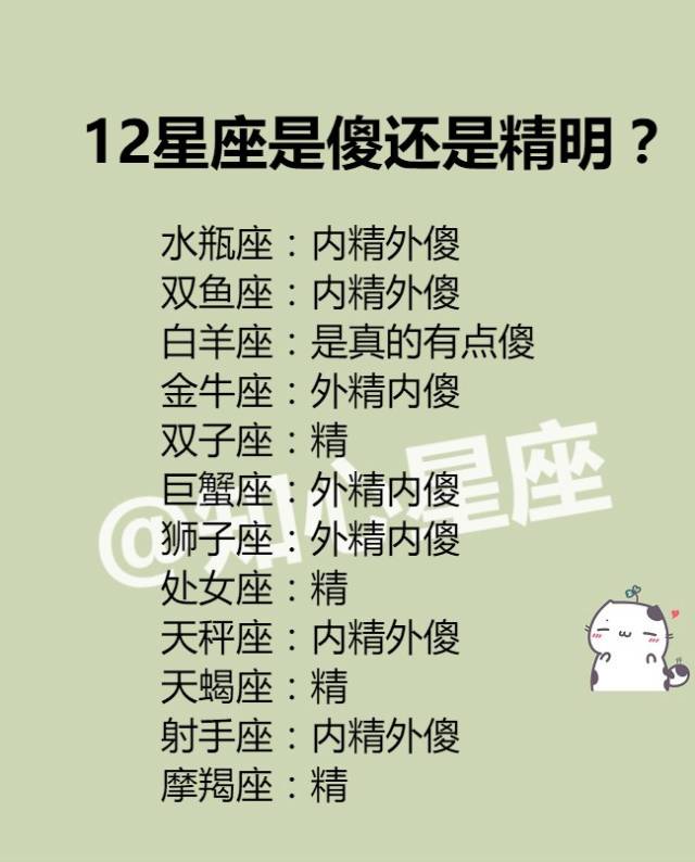 天秤座:内精外傻(看起来聪明) 天蝎座:精(心知肚明,精于计划) 12星座