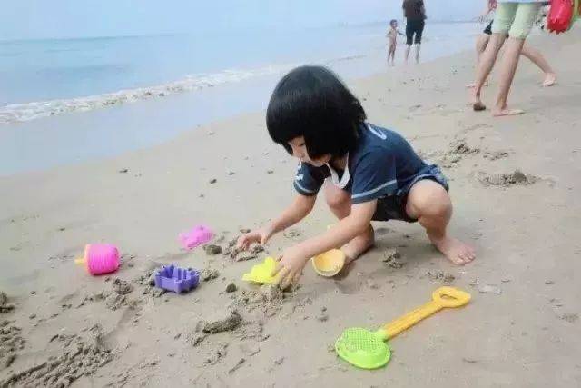 带上玩沙工具在沙滩上找小螃蟹,乐趣无限.