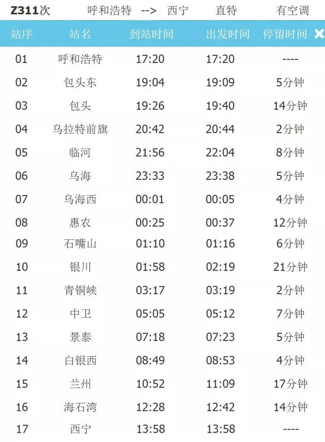 西宁至呼和浩特z312次列车