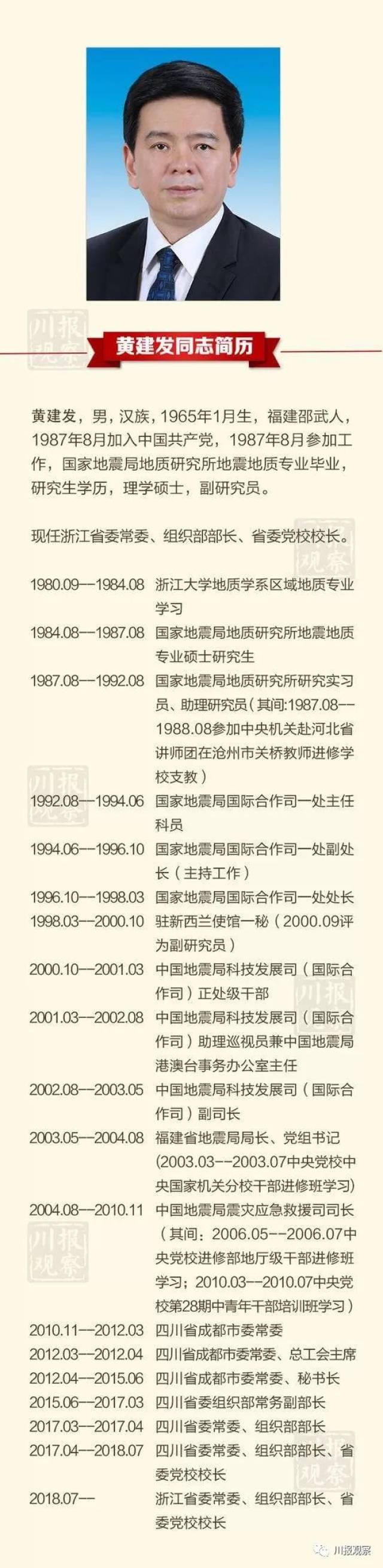 委员,常委;经浙江省委研究决定,黄建发同志任中共浙江省委组织部部长