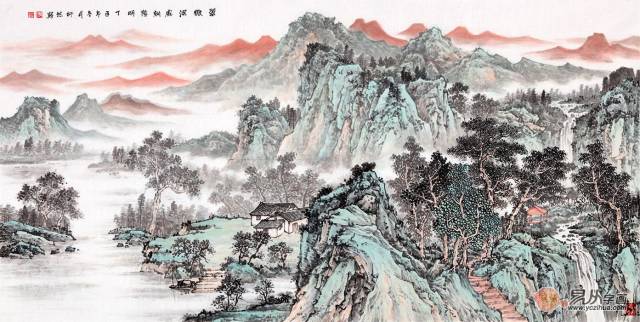 何新起写意新品青绿山水画《翠微深处朝阳明》