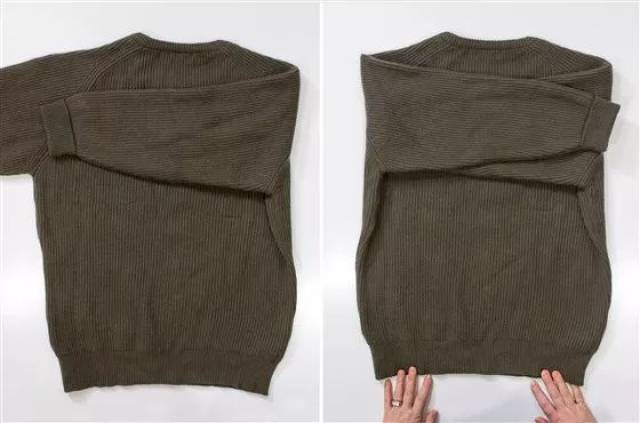 毛 衣 毛衣的折叠方式比较容易,将毛衣平摊,两袖依次沿着中线向中间