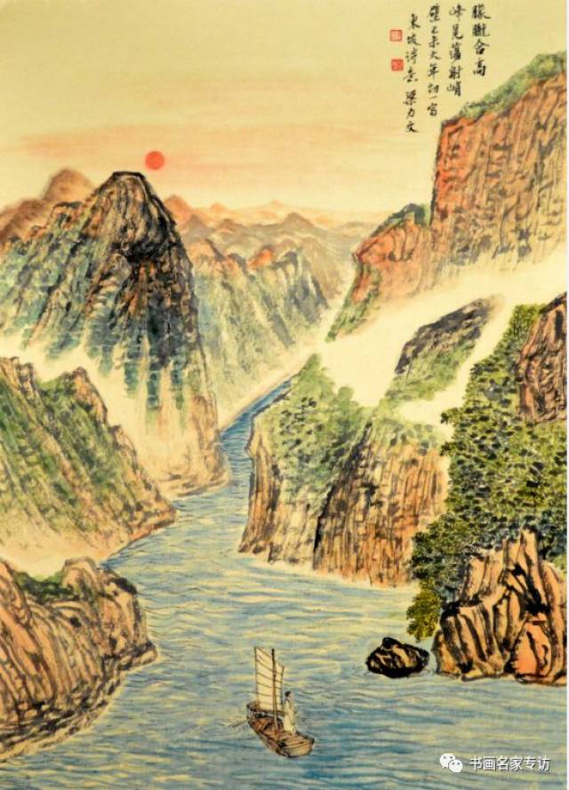 (三峡宜昌)东坡诗意画 朦胧含高峰 晃荡射峭壁 70x50cm 梁力文作