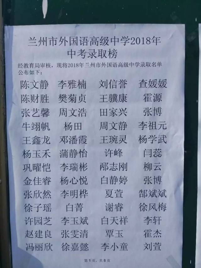 兰州市外国语高级中学2018年中考录取名单公示(附军训安排)