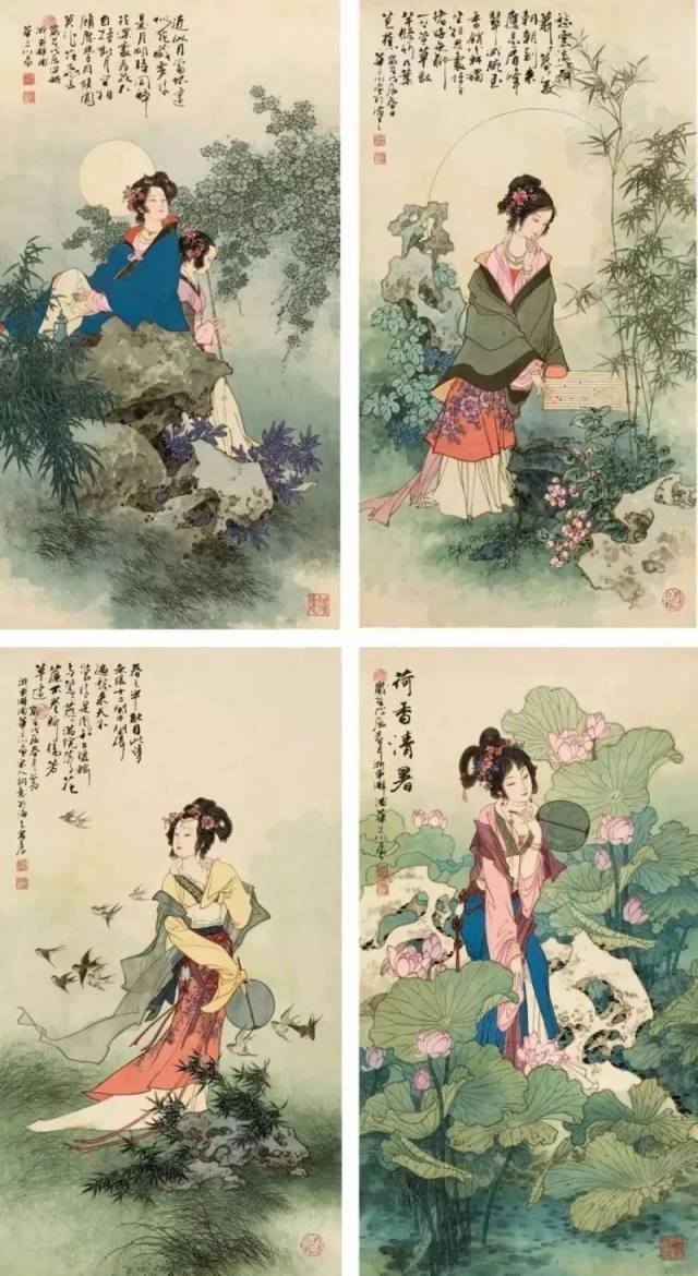 华三川 鹿苑晚翠图 在色彩上 华三川继承了传统工笔人物画的技法 也融