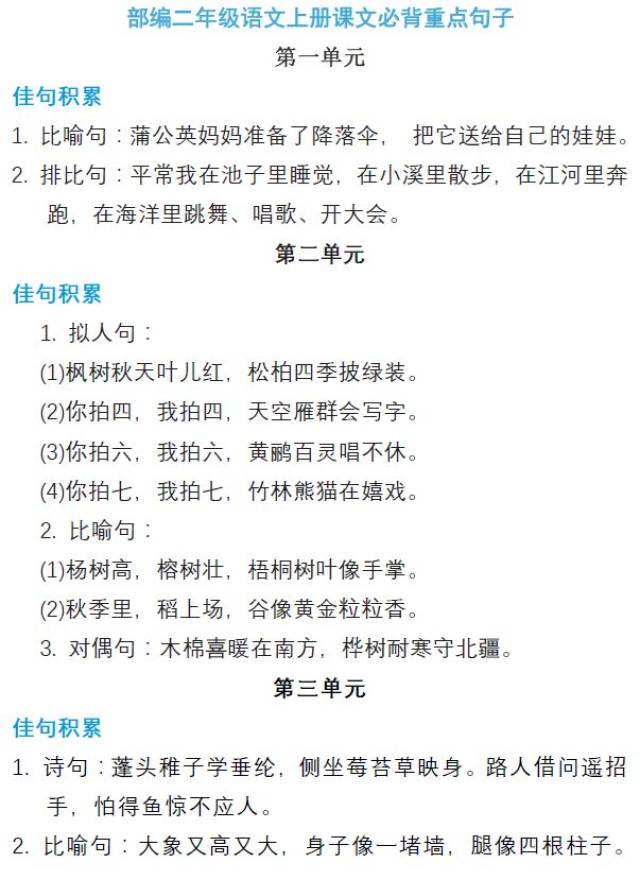 部编版二年级语文上册必背课文重点句子清单,预习吧!180712