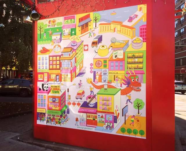 位于纽约曼哈顿唐人街的红色信息亭上胡丁玎的插画作品「唐人街之道