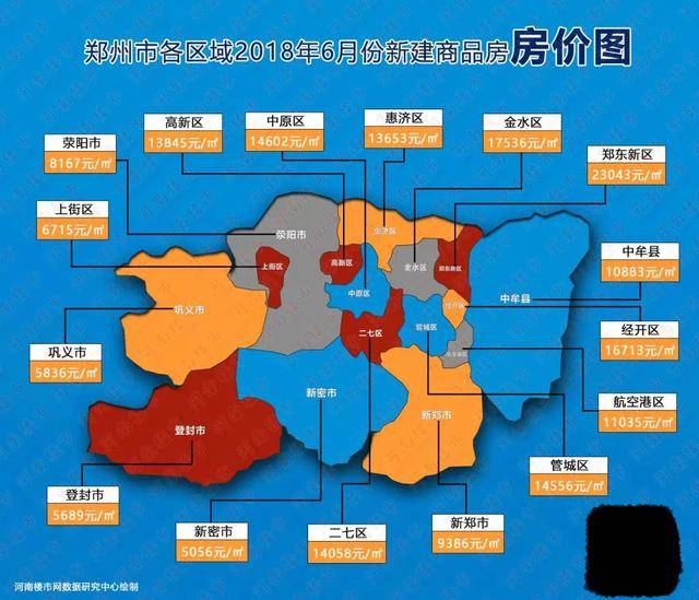 2018年6月份郑州市各区域商品房房价地图  2018年1-6月郑州市房