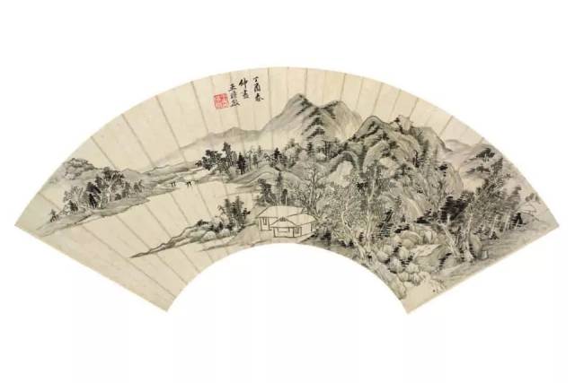 沈周《山居图》扇面 明 纸本设色 纵16.5厘米 横48厘米