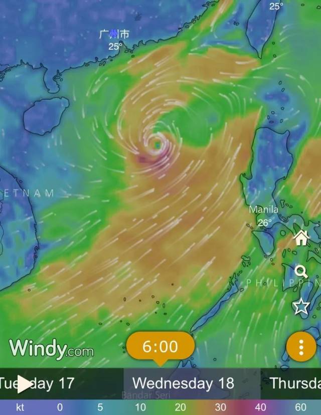 windy报18日台风已经进入南海,而且强度较强,随后逐渐趋向海南到粤西