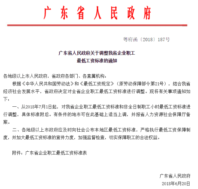 6月22日,广东省人民政府发出通知,2018年7月1日起,调整我省企业职工